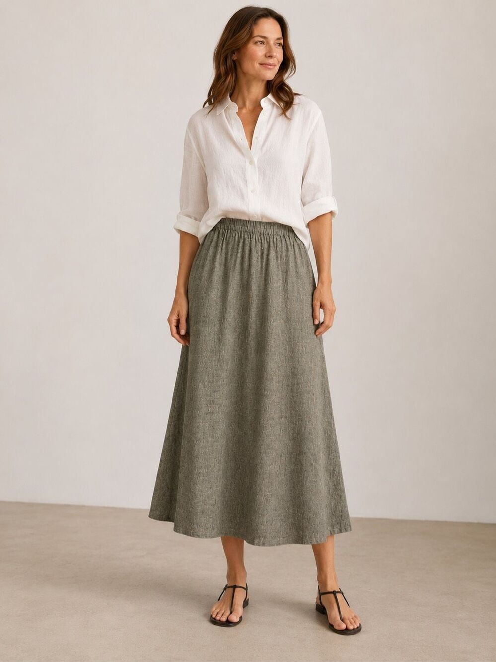 FLAX 100% Linen Maxi Skirt Size 1G 18 Tan Brown Elastic Flowy Boxy
